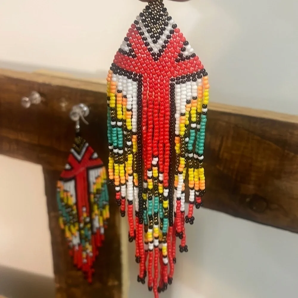 Earrings Aztec Style Hand Loom Beaded Boho Dangle pierced Jewelry New size OS